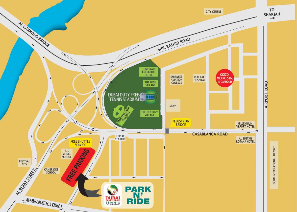 Dubajas duty free tenisa stadiona atrašanās vietu kartē