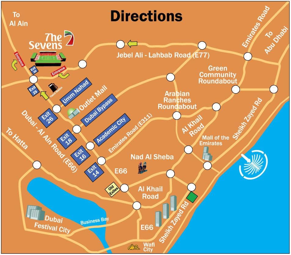 rugby Sevens Dubaija atrašanās vietu kartē